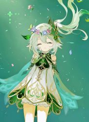 Rule 34 | 1girl, ^ ^, bare shoulders, blush, closed eyes, closed mouth, elf, flower, genshin impact, green background, hair flower, hair ornament, happy, highres, looking at viewer, nahida (genshin impact), pointy ears, qingxin gua yu, simple background, smile, solo, white hair