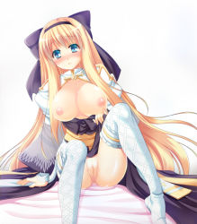 Rule 34 | 1girl, arch bishop (ragnarok online), bad id, bad pixiv id, bed sheet, blonde hair, blue eyes, blush, bow, breasts, breasts out, censored, cleft of venus, clothes lift, commentary request, dress, dress lift, full body, hair between eyes, hair bow, juliet sleeves, large breasts, lifted by self, long hair, long sleeves, looking at viewer, masaya ichika, mosaic censoring, nipples, no panties, no shoes, nose blush, puffy sleeves, purple bow, purple dress, pussy, ragnarok online, simple background, sitting, solo, thighhighs, two-tone dress, very long hair, white background, white dress, white thighhighs