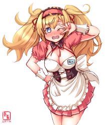 Rule 34 | 1girl, apron, aqua eyes, artist logo, asahina mikuru, asahina mikuru (cosplay), big hair, black frills, blush, breasts, cleavage, cleavage cutout, clothing cutout, commentary request, corset, cosplay, cowboy shot, cross-laced clothes, dated, detached collar, embarrassed, frilled apron, frilled hairband, frills, gambier bay (kancolle), hairband, hand on own hip, highres, kanon (kurogane knights), kantai collection, large breasts, long hair, looking at viewer, nose blush, one eye closed, open mouth, orange hair, pink hairband, revision, simple background, solo, suzumiya haruhi no yuuutsu, tears, trait connection, translated, twintails, underbust, w, w over eye, waitress, white apron, white background, wrist cuffs
