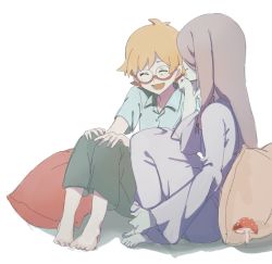 Rule 34 | 10s, 2girls, :d, bad id, bad twitter id, barefoot, brown hair, head rest, closed eyes, freckles, glasses, henpei saboten, highres, little witch academia, long hair, lotte jansson, multiple girls, mushroom, open mouth, orange hair, pajamas, pillow, short hair, sitting, smile, sucy manbavaran, white background