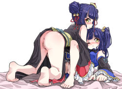 Rule 34 | 2girls, ass, bell, blue hair, blush, chinese clothes, hair bell, hair ornament, jashin-chan dropkick, kyon-kyon (jashin-chan dropkick), looking at viewer, multiple girls, no panties, pussy, ran-ran, simple background, white background, yellow eyes