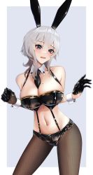 Rule 34 | 1girl, absurdres, animal ears, arm warmers, azur lane, bandeau, bare shoulders, black bandeau, black gloves, black necktie, black pantyhose, black shorts, blue eyes, blush, breasts, cleavage, collarbone, commentary, cowboy shot, crop top, detached collar, fake animal ears, gloves, grey background, hair between eyes, half gloves, hands up, highres, isonun, large breasts, leotard, looking at viewer, micro shorts, midriff, mole, mole on breast, navel, necktie, open mouth, pantyhose, playboy bunny, rabbit ears, short hair, short hair with long locks, shorts, sidelocks, simple background, single arm warmer, solo, standing, suspenders, washington (azur lane), white background