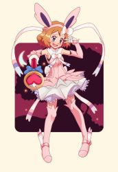 Rule 34 | 1girl, absurdres, blue eyes, blush, boots, brown hair, cosplay, creatures (company), crescent moon, detached sleeves, dress, game freak, gazing eye, gen 6 pokemon, gloves, hairband, halloween, heart, highres, looking at viewer, magical girl, moon, nintendo, open mouth, petticoat, pink dress, pink footwear, pokemon, pokemon (anime), serena (pokemon), short hair, skirt, smile, solo, sylveon, sylveon (cosplay), thigh boots, thighhighs, v over eye, wand, white gloves
