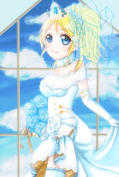 Rule 34 | 1girl, artist request, ayase eli, bare shoulders, blonde hair, blue eyes, blue flower, blue rose, blush, bouquet, breasts, bridal veil, bride, cleavage, dress, earrings, elbow gloves, female focus, flower, frills, garter straps, gloves, hair between eyes, hair bobbles, hair flower, hair ornament, hair scrunchie, high ponytail, highres, holding, holding bouquet, holding clothes, holding skirt, jewelry, long hair, looking at viewer, love live!, love live! school idol festival, love live! school idol project, medium breasts, parted lips, phychonyanko, ponytail, ribbon, rose, scrunchie, short hair, skirt, solo, strapless, strapless dress, thighhighs, tiara, veil, wedding, wedding dress, white dress, white flower, white gloves, white scrunchie, white skirt, white thighhighs, yellow ribbon