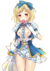 Rule 34 | 10s, 1girl, bad id, bad pixiv id, blonde hair, blush, bow, breasts, breasts out, censored, clothes lift, condom, condom in mouth, djeeta (granblue fantasy), gloves, granblue fantasy, hair bow, kimi to boku no mirai, looking at viewer, mosaic censoring, mouth hold, nipples, open clothes, orange eyes, plaid, pussy, ribbon, ririnya00, short hair, skirt, skirt lift, small breasts, smile, solo, superstar (granblue fantasy), superstar ex (granblue fantasy), white background, white gloves