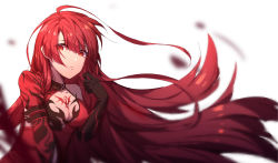 Rule 34 | 1girl, absurdres, black gloves, bloody queen (elsword), breasts, cleavage, closed mouth, elesis (elsword), elsword, gloves, highres, long hair, looking at viewer, medium breasts, red eyes, red hair, simple background, solo, tattoo, upper body, white background, yumuto (spring1786)