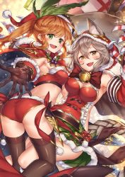 Rule 34 | 10s, 2girls, :d, adapted costume, alternate costume, animal ears, apron, arm up, armpits, ass, black gloves, black legwear, blonde hair, blush, bra, breasts, christmas, clarisse (granblue fantasy), claws, cleavage, detached sleeves, ears through headwear, erune, fangs, frilled apron, frills, fur-trimmed bra, fur-trimmed gloves, fur-trimmed panties, fur trim, gift, gloves, granblue fantasy, green eyes, green skirt, grin, hair between eyes, hat, highres, ks (xephyrks), large breasts, medium breasts, multiple girls, open mouth, outstretched arm, panties, ponytail, red bra, red panties, santa costume, santa hat, sen (granblue fantasy), silver hair, skirt, smile, swept bangs, thighhighs, thighs, underwear, yellow eyes