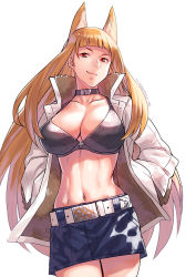 Rule 34 | 1girl, animal ears, black bra, black skirt, blonde hair, blunt bangs, bra, breasts, choker, cleavage, closed mouth, collared jacket, cowboy shot, fox ears, hamushima, hands in pockets, high collar, jacket, large breasts, looking at viewer, magical grim, navel, open clothes, open jacket, original, red eyes, skirt, smile, solo, stomach, underwear