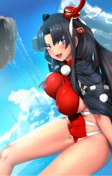 Rule 34 | 1girl, black hair, blue eyes, blush, breasts, cloud, covered erect nipples, covered navel, day, fate/grand order, fate (series), lagertha, large breasts, long hair, looking at viewer, open mouth, pekoneko, sideboob, smile, solo, thighs, tongue, ushiwakamaru (fate), ushiwakamaru (fate/grand order), ushiwakamaru (swimsuit assassin) (fate), ushiwakamaru (swimsuit assassin) (third ascension) (fate)