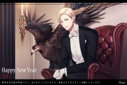Rule 34 | 1boy, 2017, bird, blonde hair, bow, bowtie, candle, candlestand, chair, dated, formal, gloves, green eyes, happy new year, hawk, looking at viewer, male focus, nengajou, new year, ng kina, original, painting (object), sitting, solo, suit, translated, tuxedo, white bow, white bowtie, white gloves