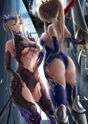 Rule 34 | 2girls, absurdres, armored boots, artoria pendragon (fate), artoria pendragon (lancer) (fate), artoria pendragon (lancer alter) (fate), ass, bare shoulders, black bodysuit, black gloves, blonde hair, blue gloves, blue leotard, blue thighhighs, bodysuit, boots, bracelet, braid, breasts, center opening, closed mouth, clothing cutout, crown, different reflection, elbow gloves, fate/grand order, fate (series), gauntlets, gloves, highres, holding, holding polearm, holding weapon, indoors, jewelry, knee boots, large breasts, leotard, long hair, mirror, multiple girls, navel, partially fingerless gloves, polearm, ponytail, reflection, revealing clothes, shatter, shigatsu (4gate), sideboob, single gauntlet, smile, standing, thigh cutout, thighhighs, underboob, weapon, yellow eyes