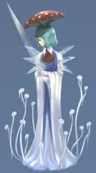Rule 34 | 1girl, adapted costume, ascot, blue background, blue hair, chernobog (megami tensei), chiwino, cirno, closed eyes, crossover, crystal sword, gloves, ice, ice wings, mushroom, mushroom hat, pun, shin megami tensei, simple background, standing, sword, touhou, weapon, wings
