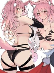 Rule 34 | 2girls, animal ear fluff, animal ears, arknights, ass, back, bare shoulders, bikini, black bikini, black gloves, blue hair, blush, braid, breasts, breasts squeezed together, cleavage, closed mouth, clothes theft, collarbone, commentary request, elbow gloves, from behind, gloves, highres, kyuu (plastic night q), lappland (arknights), long hair, medium breasts, multiple girls, multiple views, musical note, orange eyes, pink hair, pozyomka (arknights), sideboob, simple background, single braid, spoken musical note, swimsuit, tail, theft, white background, wolf ears, wolf girl, wolf tail