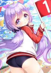 Rule 34 | 1girl, absurdres, ahoge, ass, azur lane, black buruma, black scrunchie, blue sky, blurry, blurry background, blush, buruma, cloud, cloudy sky, commentary request, confetti, day, depth of field, flag, hair flaps, hair ornament, hair scrunchie, highres, holding, holding flag, jacket, long hair, long sleeves, looking at viewer, looking back, low twintails, mirai (happy-floral), outdoors, parted lips, pennant, purple eyes, purple hair, scrunchie, sky, sleeves past wrists, solo, string of flags, thighhighs, track jacket, twintails, unicorn (azur lane), very long hair, white jacket, white thighhighs