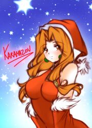 Rule 34 | 1girl, breasts, brown eyes, brown hair, christmas, closed mouth, commentary, dress, earrings, fur trim, hair tubes, hat, highres, jewelry, karamazov, long hair, looking at viewer, low twintails, medium breasts, red dress, red hat, santa dress, santa hat, smile, sodina dawnfried, solo, thousand arms, twintails