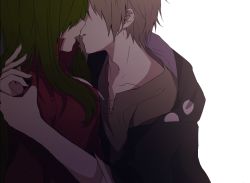 Rule 34 | 1boy, 1girl, bad id, bad pixiv id, brown hair, couple, covered eyes, from side, green hair, hair over eyes, hetero, holding another&#039;s wrist, hood, hoodie, imminent kiss, kagerou project, kano shuuya, kido tsubomi, long hair, mikanururu, muted color, popped collar, short hair, simple background, sleeves rolled up, white background