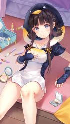 Rule 34 | 1girl, animal costume, artist request, bare arms, bare legs, black hair, breasts, fingerless gloves, girl cafe gun, gloves, hair ornament, highres, indoors, kikuri yuki, long hair, looking at viewer, makeup, medium breasts, official art, open mouth, penguin costume, sidelocks, solo focus