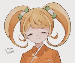 Rule 34 | 1girl, bad id, bad twitter id, blonde hair, bow, cat hair ornament, closed eyes, commentary request, danganronpa (series), danganronpa 2: goodbye despair, facing viewer, grey background, grin, hair ornament, heart, highres, hu (kitsune ousaiou), japanese clothes, kimono, long hair, portrait, saionji hiyoko, simple background, smile, solo, swept bangs, translation request, twintails, upper body