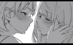 Rule 34 | 2girls, atenaba, blush, closed eyes, greyscale, hand on another&#039;s face, highres, imminent kiss, letterboxed, looking at another, monochrome, multiple girls, original, parted lips, portrait, yuri