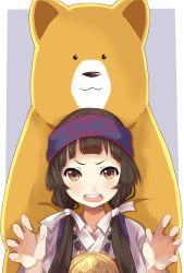 Rule 34 | 1girl, ainu clothes, amayadori machi, animal, bear, blush, brown eyes, brown hair, claw pose, commentary request, grey background, hair over shoulder, hair ribbon, hands up, headband, highres, japanese clothes, kumai natsu, kumamiko, long hair, looking at viewer, low twintails, mako dai ni-dai, medallion, miko, open mouth, ribbon, simple background, tareme, twintails, white ribbon