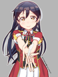 Rule 34 | 10s, 1girl, blue hair, blush, bokura no live kimi to no life, feathers, grey background, long hair, looking at viewer, love live!, love live! school idol project, outline, outstretched arms, short sleeves, simple background, skull573, smile, solo, sonoda umi, twitter username, yellow eyes