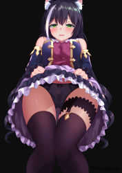 Rule 34 | 1girl, absurdres, animal ear fluff, animal ears, bad id, bad pixiv id, black hair, black panties, black skirt, black thighhighs, blue sleeves, blush, cameltoe, cat ears, cat girl, clothes lift, detached sleeves, from below, green eyes, hair between eyes, half-closed eyes, highres, karyl (princess connect!), layered skirt, lifting own clothes, long hair, long sleeves, looking at viewer, multicolored hair, open mouth, panties, princess connect!, shiny skin, skirt, skirt lift, solo, streaked hair, thigh strap, thighhighs, transparent background, twitter username, underwear, very long hair, wavy mouth, yagiryu