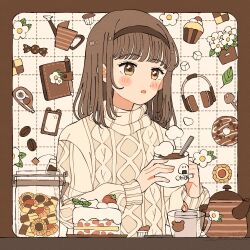 Rule 34 | 1girl, blush, brown eyes, brown hair, brown hairband, cake, candle, candy, chamomile, coffee, coffee beans, coffee mug, cookie jar, cup, eeppa (eextupa0000), food, hairband, highres, holding, holding cup, kettle, leaf, looking to the side, medium hair, mug, notebook, open mouth, original, signature, solo, spoon, sprinkler, sugar cube, sweater, teabag, turtleneck, turtleneck sweater, unworn headphones, white sweater