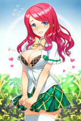 Rule 34 | 1girl, blue eyes, blush, bow, bra, breast pocket, breasts, bursting breasts, cat shi, cleavage, clenched teeth, cowboy shot, dress shirt, flying sweatdrops, heart, holding, large breasts, lowres, open mouth, outdoors, parted bangs, pink hair, plaid, plaid bra, plaid skirt, pleated skirt, pocket, popped button, ribbon, rihanna (sword girls), school uniform, shirt, short sleeves, skirt, solo, sweatdrop, sword girls, teeth, thighhighs, undersized clothes, underwear, wardrobe malfunction, wavy hair, white thighhighs, zettai ryouiki