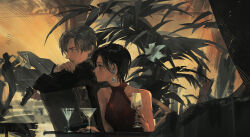 Rule 34 | 1boy, 1girl, ada wong, black eyes, black hair, black jacket, brown hair, chair, closed mouth, cup, dress, drinking glass, earrings, grey eyes, hand up, highres, holding, holding cup, indoors, instrument, jacket, jewelry, leon s. kennedy, liyuliyuzhou, long sleeves, piano, plant, profile, red dress, resident evil, resident evil 2, resident evil 2 (remake), sleeveless, sleeveless dress, table, upper body, wine glass