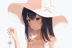 Rule 34 | 1girl, bare shoulders, black hair, blush, bosumonki, bow, closed mouth, collarbone, dress, frilled dress, frills, hat, hat bow, hat ornament, holding, idolmaster, idolmaster shiny colors, long hair, morino rinze, pink lips, red eyes, simple background, sleeveless, sleeveless dress, smile, solo, sun hat, sundress, upper body, white background, white bow, white dress, white hat, wind chime