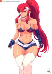 Rule 34 | 1girl, abs, artist name, breasts, cleavage, collarbone, curvy, fingerless gloves, flame print, gloves, hair ornament, large breasts, long hair, looking to the side, navel, ponytail, red hair, scarf, skull hair ornament, solo, stomach, tengen toppa gurren lagann, thick thighs, thighhighs, thighs, toned, very long hair, white background, wide hips, xhaart, yellow eyes, yoko littner