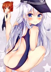 Rule 34 | 10s, 2girls, ^^^, anchor symbol, aqua hair, ass, back, bad id, bad twitter id, bare legs, barefoot, black hat, blue eyes, blush, butt crack, casual one-piece swimsuit, clothes in front, crossed arms, embarrassed, eyebrows, flat cap, flying sweatdrops, from behind, hand in own hair, hat, hibiki (kancolle), highres, holding, holding clothes, holding swimsuit, image sample, inazuma (kancolle), kantai collection, long hair, looking at viewer, looking back, looking to the side, multiple girls, nervous smile, nude, one-piece swimsuit, orange hair, roman numeral, rouka (akatyann), smile, squatting, standing, star (symbol), swimsuit, twitter sample, unworn swimsuit