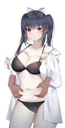 1girl, artist name, bangs, bare shoulders, belly grab, black bra, black hair, black panties, blush, bra, breasts, cleavage, closed mouth, collarbone, commentary, commission, cowboy shot, disembodied limb, eyebrows visible through hair, hair between eyes, hair ribbon, highres, large breasts, long hair, long sleeves, looking at viewer, medium breasts, midriff, mole, mole on breast, navel, off shoulder, open clothes, open shirt, original, panties, poho, red eyes, ribbon, shirt, sidelocks, simple background, skindentation, solo focus, standing, sweat, twintails, underwear, white background, white ribbon, white shirt
