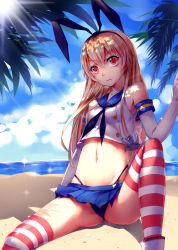 Rule 34 | 10s, 1girl, absurdres, alternate eye color, beach, black panties, blonde hair, crop top, elbow gloves, gloves, hairband, highleg, highleg panties, highres, kantai collection, long hair, looking at viewer, looking up, miniskirt, mou kankan, ocean, panties, pantyshot, red eyes, shimakaze (kancolle), sitting, skirt, solo, sparkle, striped clothes, striped thighhighs, thighhighs, thong, tree shade, underwear, white gloves