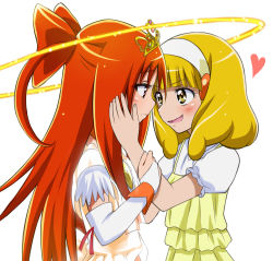 Rule 34 | 10s, 2girls, blonde hair, blush, bow-shaped hair, couple, cure sunny, cure sunny (princess form), hairband, hand on another&#039;s cheek, hand on another&#039;s face, hino akane (smile precure!), kise yayoi, long hair, magical girl, multiple girls, open mouth, orange eyes, orange hair, precure, princess form (smile precure!), short hair, smile, smile precure!, suzushiro yukari, tiara, white hairband, yuri