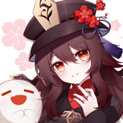 Rule 34 | 1girl, 1other, :d, black nails, boo tao (genshin impact), brown hair, brown headwear, chinese clothes, closed eyes, commentary, fang, floral print, flower, flower-shaped pupils, genshin impact, ghost, hair between eyes, hat, hat flower, hat ornament, highres, hu tao (genshin impact), jewelry, long hair, long sleeves, looking at viewer, nail polish, open mouth, orange eyes, own hands together, poinia, porkpie hat, ring, sidelocks, simple background, smile, symbol-only commentary, symbol-shaped pupils, teeth, twintails, upper body, white background, wide sleeves