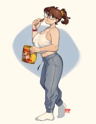 Rule 34 | bag, breasts, brown eyes, brown hair, camisole, cleavage, collarbone, commentary, crop top, crop top overhang, dated, eating, english commentary, from side, glasses, grey pants, hair behind ear, head tilt, highres, holding, holding bag, large breasts, original, pants, ponytail, short hair, snowcie, snowciel, socks, sweatpants, white camisole