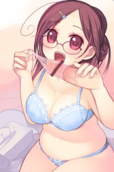 Rule 34 | 1boy, 1girl, arima senne, blue bra, blue panties, bow, bow bra, bow panties, bra, braid, breasts, brown eyes, brown hair, censored, cleavage, condom, condom on penis, disembodied penis, fang, glasses, hair ornament, hairpin, kashiwamochi yomogi, lace, lace-trimmed bra, lace trim, large breasts, lingerie, nail polish, original, panties, penis, plump, removing condom, sitting, solo focus, underwear, underwear only