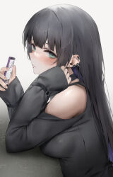 Rule 34 | 1girl, absurdres, black dress, black gloves, black hair, blunt bangs, bocchi the rock!, breasts, chin piercing, clothing cutout, colored inner hair, commentary request, dress, ear piercing, earrings, elbow rest, glint, gloves, green eyes, hibimaru, highres, holding, holding phone, jewelry, large breasts, light blush, long sleeves, looking at viewer, looking to the side, multicolored hair, multiple piercings, pa-san, parted lips, phone, piercing, purple hair, shoulder cutout, simple background, sleeves past wrists, smile, solo, stud earrings, two-tone hair