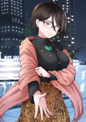 Rule 34 | 1girl, animal print, asymmetrical hair, bang dream!, bespectacled, black-framed eyewear, black hair, black sweater, breasts, brown skirt, building, butterfly print, closed mouth, commentary request, cowboy shot, eyebrows hidden by hair, glasses, hair between eyes, highres, impossible clothes, jewelry, kitayu, large breasts, long skirt, long sleeves, looking away, necklace, night, outdoors, pink eyes, pink shawl, reaching, reaching towards viewer, shawl, short hair, single sidelock, skirt, skyscraper, solo, standing, sweater, sweater tucked in, tree, turtleneck, turtleneck sweater, yashio rui, yokohama