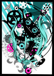 Rule 34 | 1girl, aqua eyes, aqua hair, bad id, bad pixiv id, female focus, gradient background, hatsune miku, headset, highres, long hair, open mouth, pantyhose, partially colored, rolling girl (vocaloid), skirt, solo, twintails, very long hair, vocaloid, white background