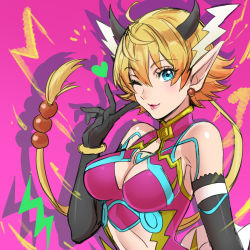 Rule 34 | 1girl, ^^^, ahoge, aono shimo, armor, bad id, bad pixiv id, blonde hair, blue eyes, blush, breasts, cleavage, cleavage cutout, clothing cutout, hair between eyes, highres, horns, kora (xenoblade), looking at viewer, nintendo, one eye closed, pointy ears, short hair, short hair with long locks, smile, solo, xenoblade chronicles (series), xenoblade chronicles 2