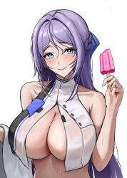 Rule 34 | 1girl, blue eyes, blue ribbon, blush, bodam, closed mouth, crop top, folkwang (nikke), food, goddess of victory: nikke, hair ribbon, holding, ice cream, long hair, looking at viewer, open clothes, open shirt, purple hair, ribbon, shirt, simple background, sleeveless, sleeveless shirt, smile, solo, sweat, white background, white shirt