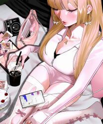 Rule 34 | 1girl, black footwear, blonde hair, blunt bangs, blunt ends, blush, bow, breasts, camera, cellphone, chat log, cherry, cleavage, closed eyes, coffee cup, comb, cup, disposable cup, earrings, food, from above, fruit, highres, jewelry, large breasts, long eyelashes, long hair, long sleeves, meu oo, notebook, on bed, open mouth, original, phone, photo (object), pie, pink bow, pouch, sitting, slippers, smartphone, solo, thighhighs, white thighhighs