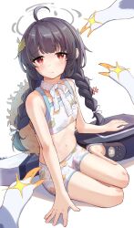 Rule 34 | 1girl, absurdres, ahoge, animal, bare arms, bare shoulders, barefoot, bikini, bird, black footwear, black hair, blue archive, blush, braid, closed mouth, crocs, flat chest, grey halo, halo, hat, highres, leaf print, long hair, miyu (blue archive), miyu (swimsuit) (blue archive), navel, official alternate costume, red eyes, ricke 2002, seagull, signature, simple background, sitting, solo, straw hat, swimsuit, twin braids, white background, white bikini, yokozuwari