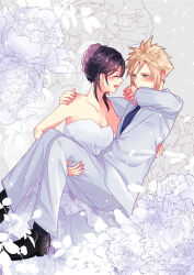 Rule 34 | 1boy, 1girl, babigonice, bare shoulders, black footwear, black hair, blonde hair, blue necktie, blush, braid, braided bun, breasts, bridal veil, carrying, cleavage, cloud strife, collarbone, couple, dress, ear blush, final fantasy, final fantasy vii, final fantasy vii remake, floral background, flower, formal, hair bun, happy, highres, jacket, jewelry, large breasts, long hair, looking at another, necktie, open mouth, pants, princess carry, ring, shirt, sleeveless, sleeveless dress, smile, sparkle, spiked hair, suit, tifa lockhart, veil, wedding dress, wedding ring, white dress, white flower, white jacket, white pants, white shirt