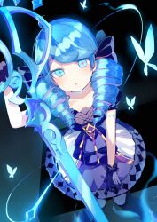 Rule 34 | 1girl, :o, absurdres, animal, arm up, black pantyhose, blue bow, blue dress, blue eyes, blue gloves, blue hair, bow, bug, butterfly, collarbone, commentary, dress, drill hair, feet out of frame, gloves, gwen (league of legends), hair bow, highres, holding, holding scissors, insect, league of legends, looking at viewer, oversized object, pantyhose, parted bangs, parted lips, puffy short sleeves, puffy sleeves, scissors, short sleeves, signature, sofra, solo, standing, twin drills, twintails, twitter username