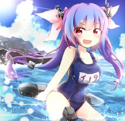 Rule 34 | &gt;:d, 10s, 1girl, :d, blue hair, breasts, cloud, cloudy sky, day, highres, i-19 (kancolle), kantai collection, light rays, long hair, medium breasts, name tag, ocean, one-piece swimsuit, open mouth, red eyes, revision, school swimsuit, sky, smile, solo, sunbeam, sunlight, swimsuit, torpedo, tosura-ayato, twintails, v-shaped eyebrows