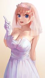 Rule 34 | 1girl, :d, arm behind back, bare shoulders, blue eyes, breasts, bridal veil, bride, cleavage, collarbone, cowboy shot, dress, eyebrows hidden by hair, gloves, go-toubun no hanayome, gomashiwo o, gradient background, highres, index finger raised, large breasts, looking at viewer, nakano ichika, open mouth, pink hair, pointy ears, see-through, short hair, smile, solo, strapless, strapless dress, tiara, v-shaped eyebrows, veil, wedding dress, white gloves, yellow background