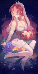 Rule 34 | 1girl, bare shoulders, blue flower, breasts, bridal veil, cleavage, closed eyes, closed mouth, dress, flower, forehead, full body, high heels, highres, honkai (series), honkai impact 3rd, long hair, murata himeko, murata himeko (blood rose), pink flower, pink rose, red eyes, red flower, red rose, rose, sitting, solo, strapless, strapless dress, thighhighs, veil, vic (vedream), wedding dress, wet, wet clothes, wet hair, white dress, white footwear, white sleeves, white thighhighs, yellow flower, yellow rose